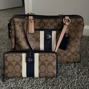 Coach Signature Stripe Satchel with Navy Stripe and Lining & Matching Wallet